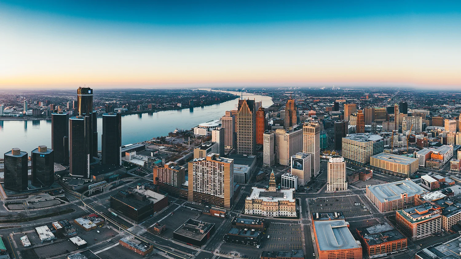 Detroit City Skyline at Sunrise