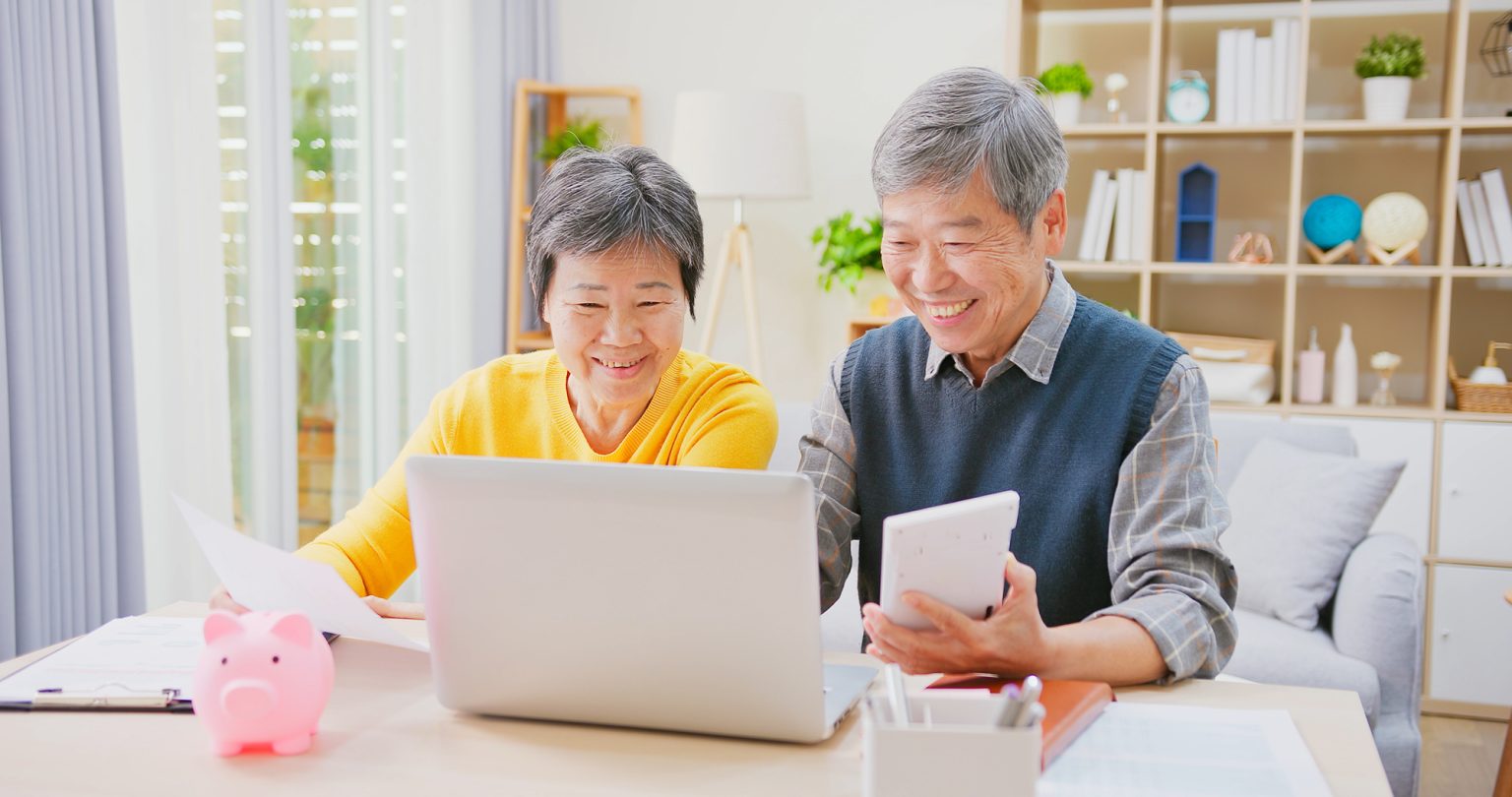 Elderly couple looking at finances on a coomputer