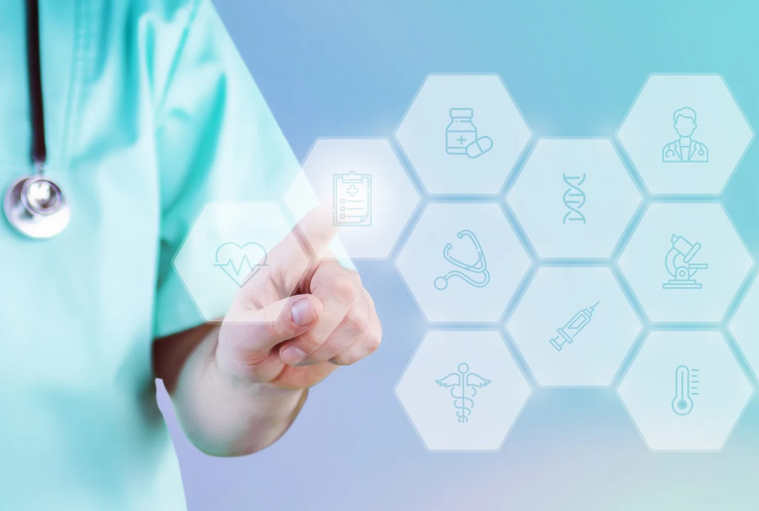 Male doctor pointing finger at digital hologram made of Medicare icons