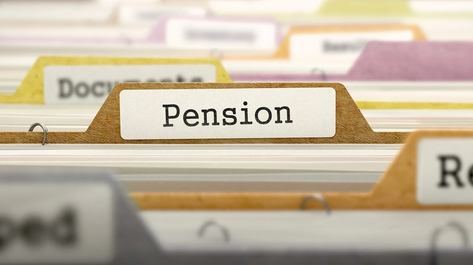 Pension fund on a file label in a file cabinet