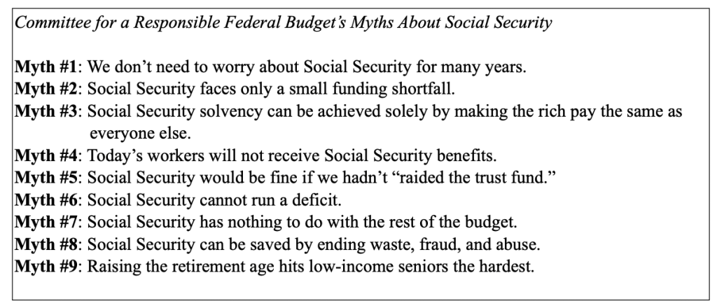 Table showing the Committee for a Responsible Federal Budget's Myths About Social Security