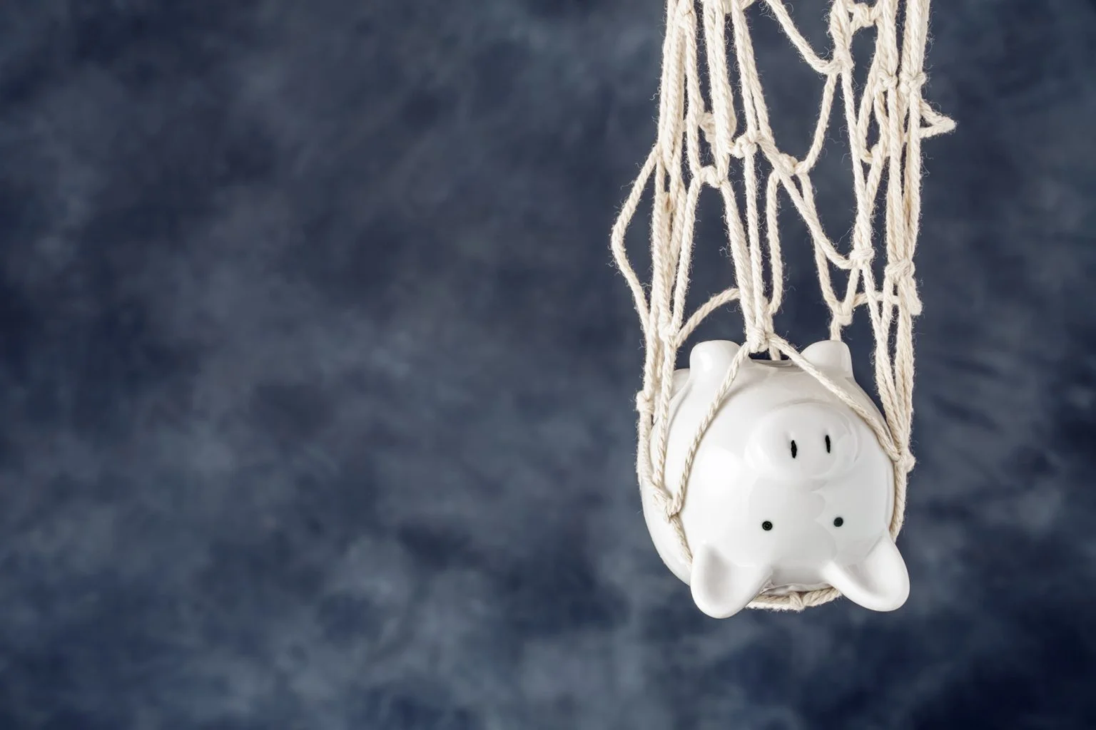 Trapped piggy bank in net on dark background with copy space