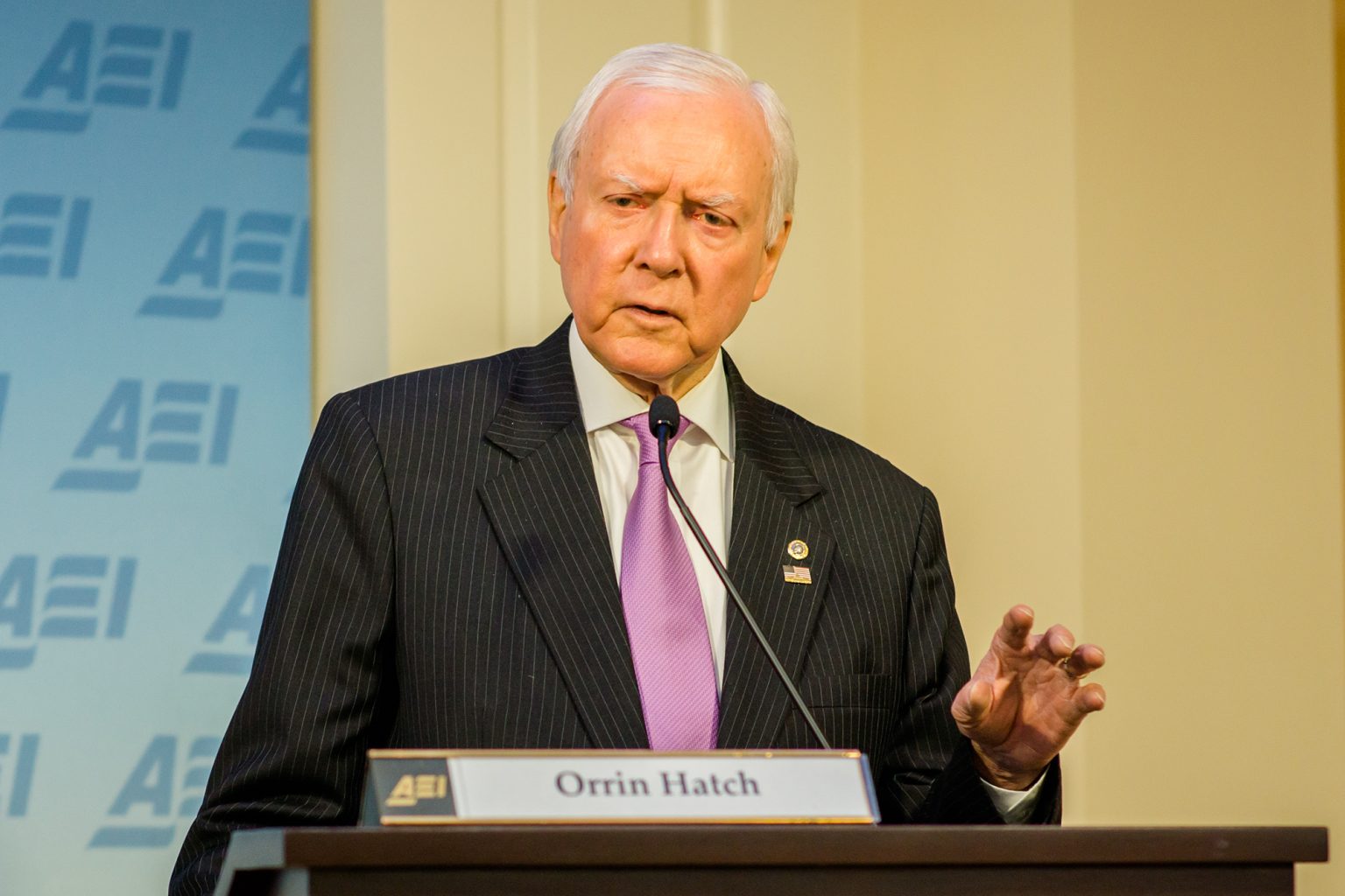 Utah Senator Orrin Hatch speaks at the American Enterprise Institute about international trade policy