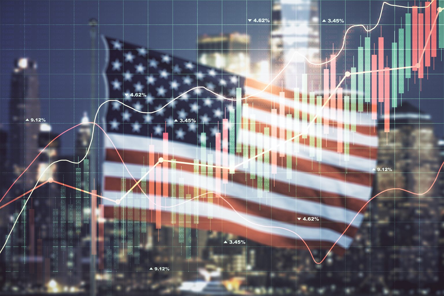 financial graph interface on US flag and skyline