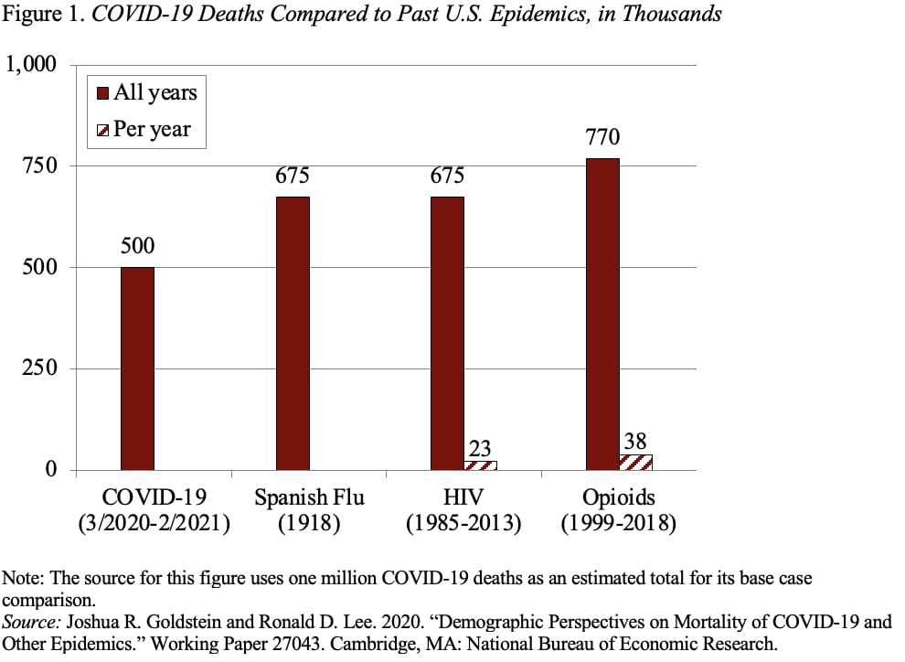 Bar graph showing COVID-19 deaths compared to past U.S. epidemics, in thousands