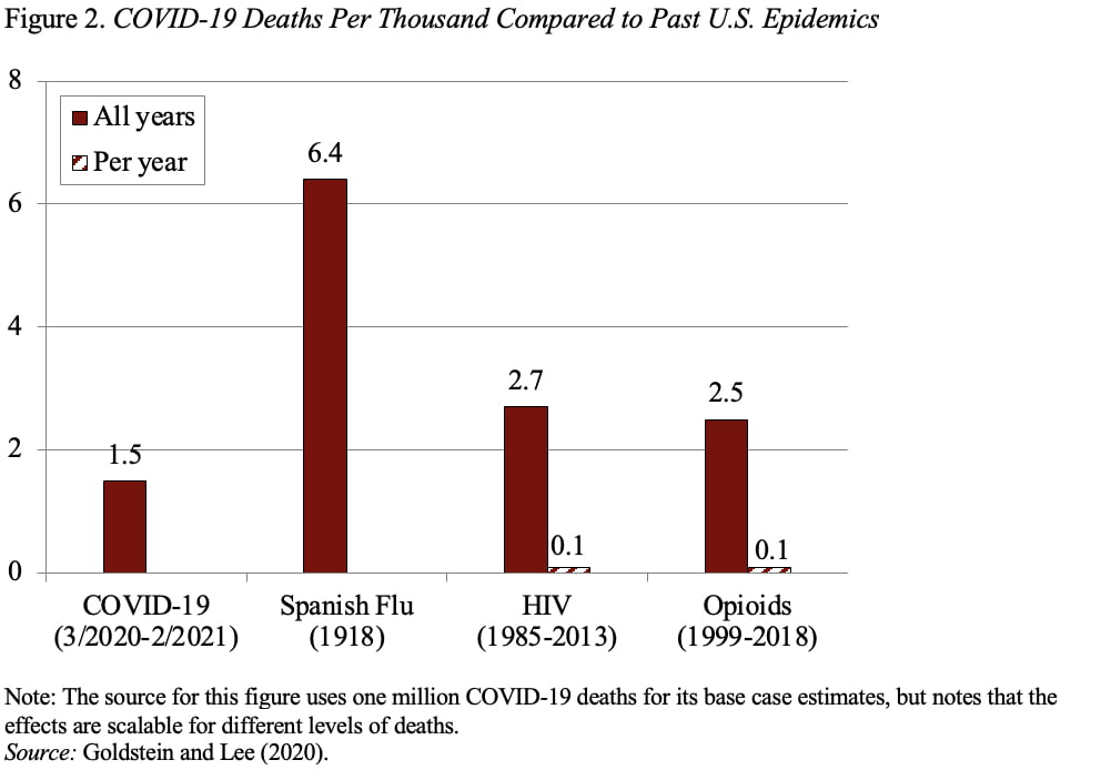 Bar graph showing COVID-19 deaths per thousand compared to past U.S. epidemics