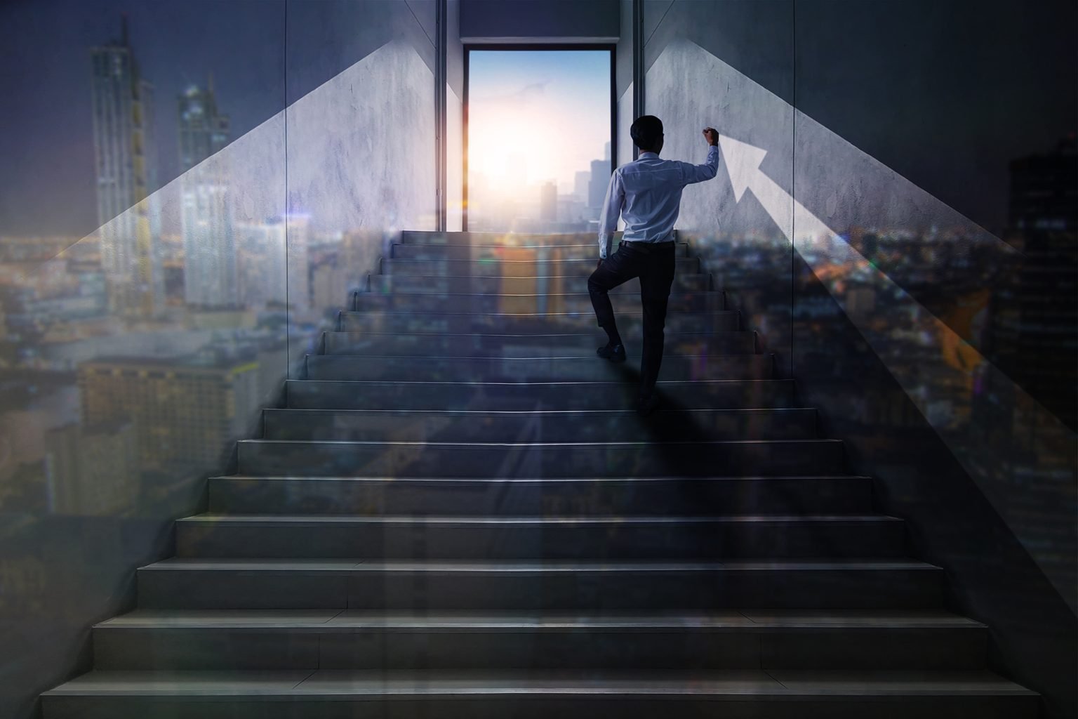 business man climbing stairs with an arrow pointing up to a light at the top