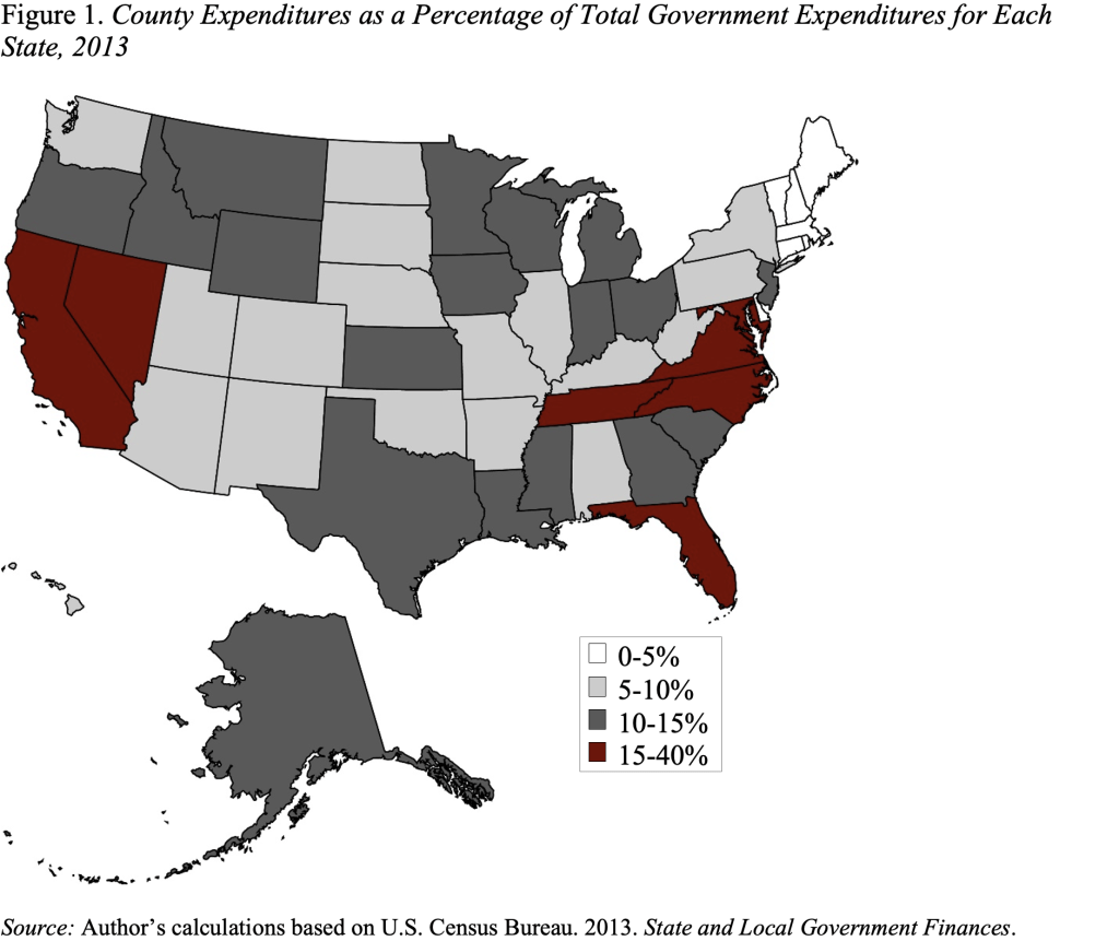 Map showing County Expenditures as a Percentage of Total Government Expenditures for Each State, 2013
