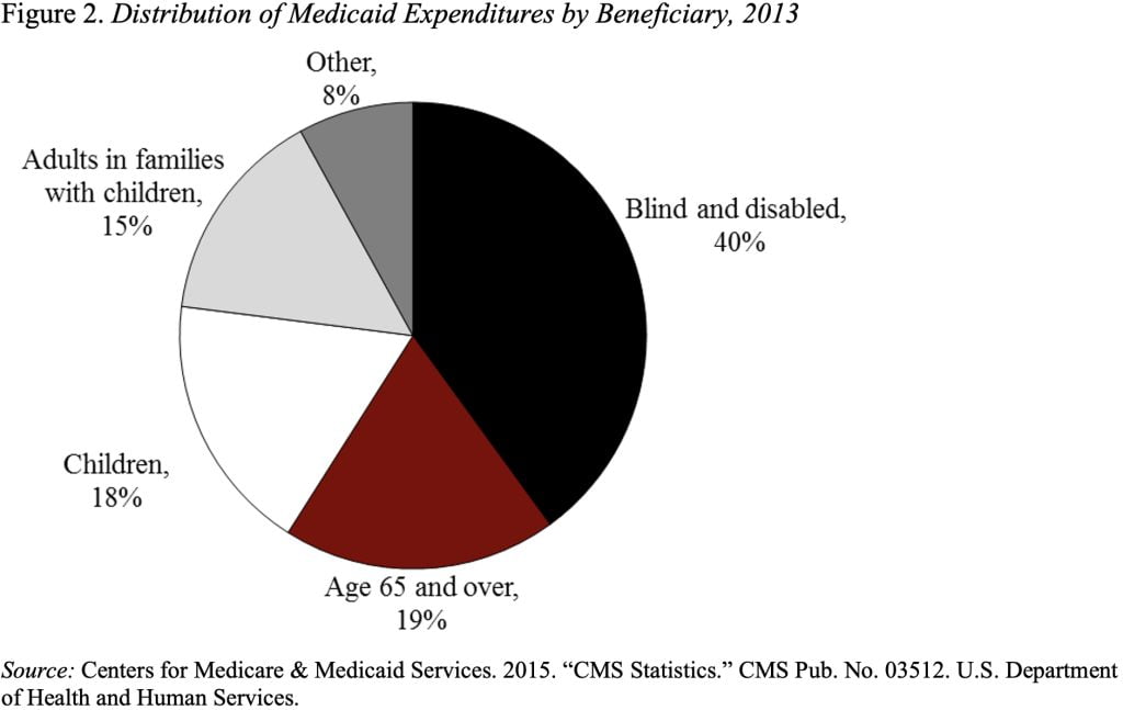 Pie chart showing the Distribution of Medicaid Expenditures by Beneficiary, 2013 