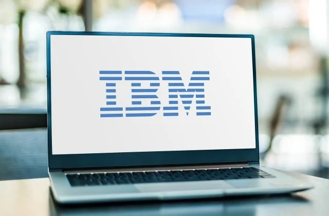Laptop computer displaying logo of IBM