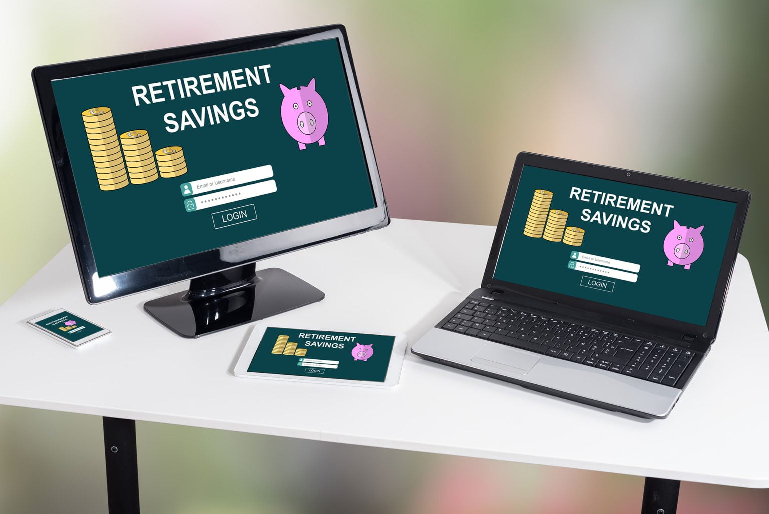 Retirement savings screens on different devices