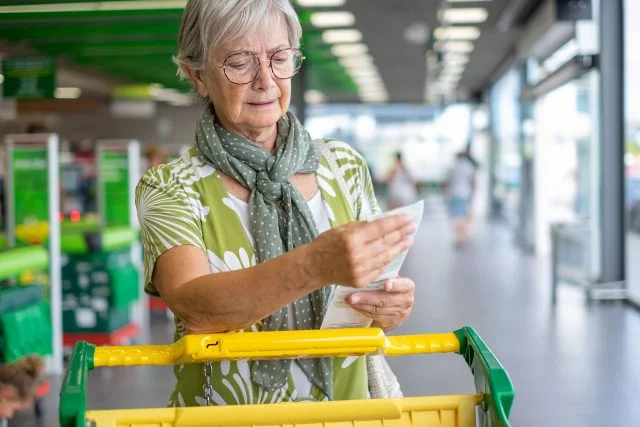 Senior woman in the supermarket checks her grocery receipt