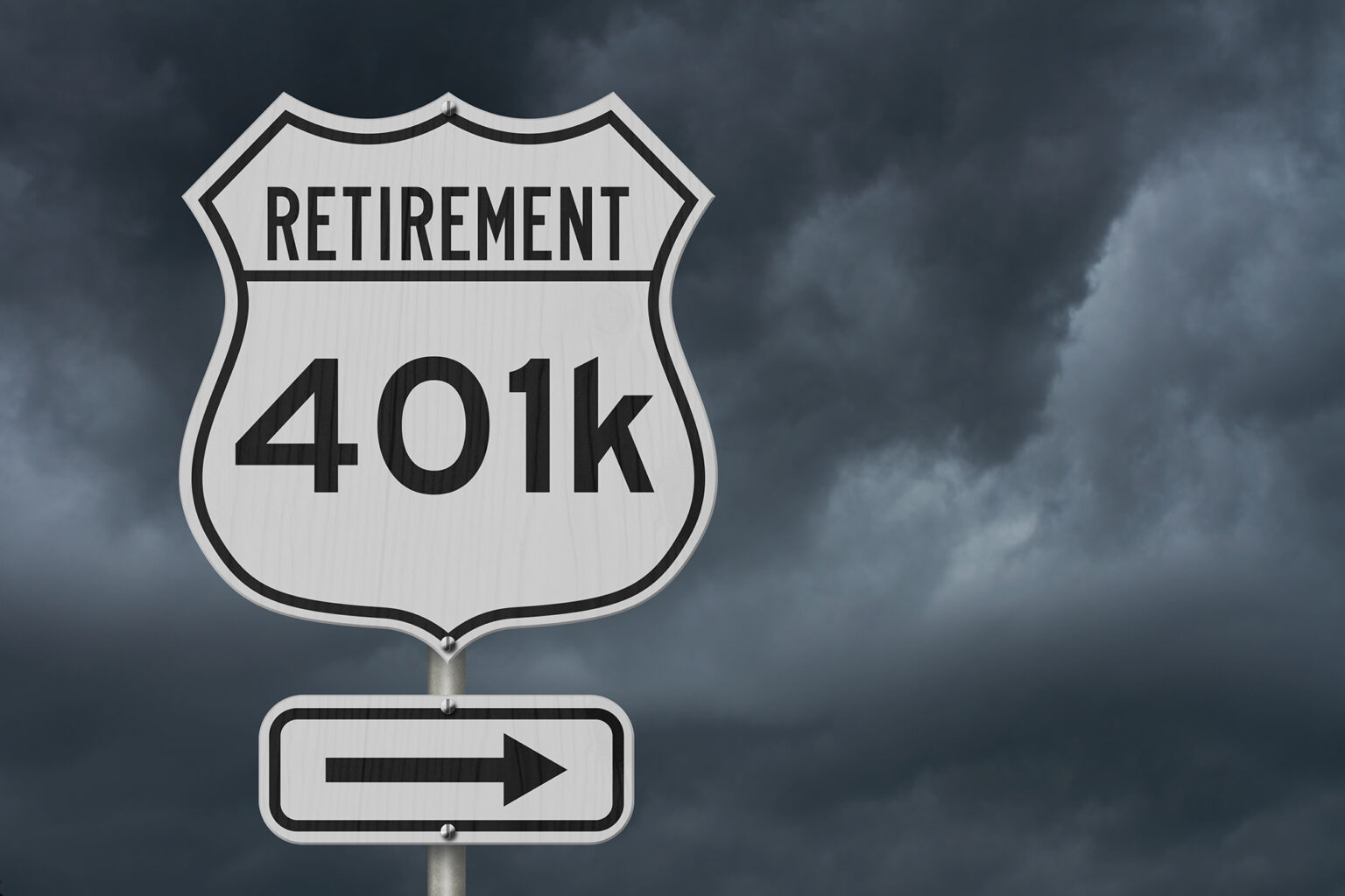 Retirement with 401k plan route on a USA highway road sign with a stormy sky