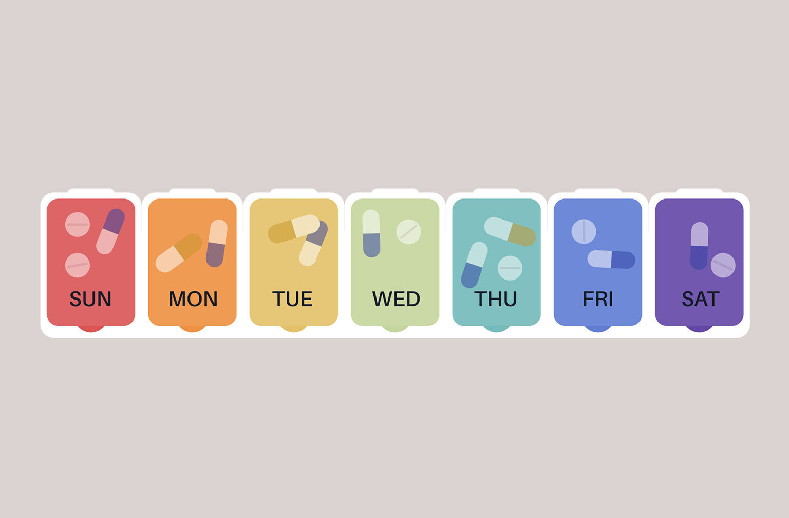 A weekly pill organizer with colorful containers for each day