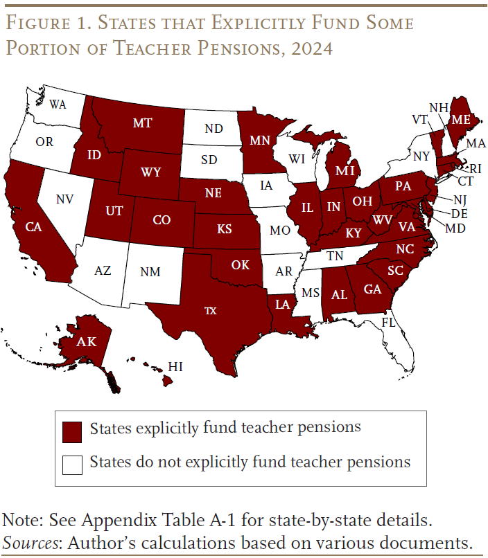 Figure 1 States that Explicitly Fund Some Portion of Teacher Pensions, 2024