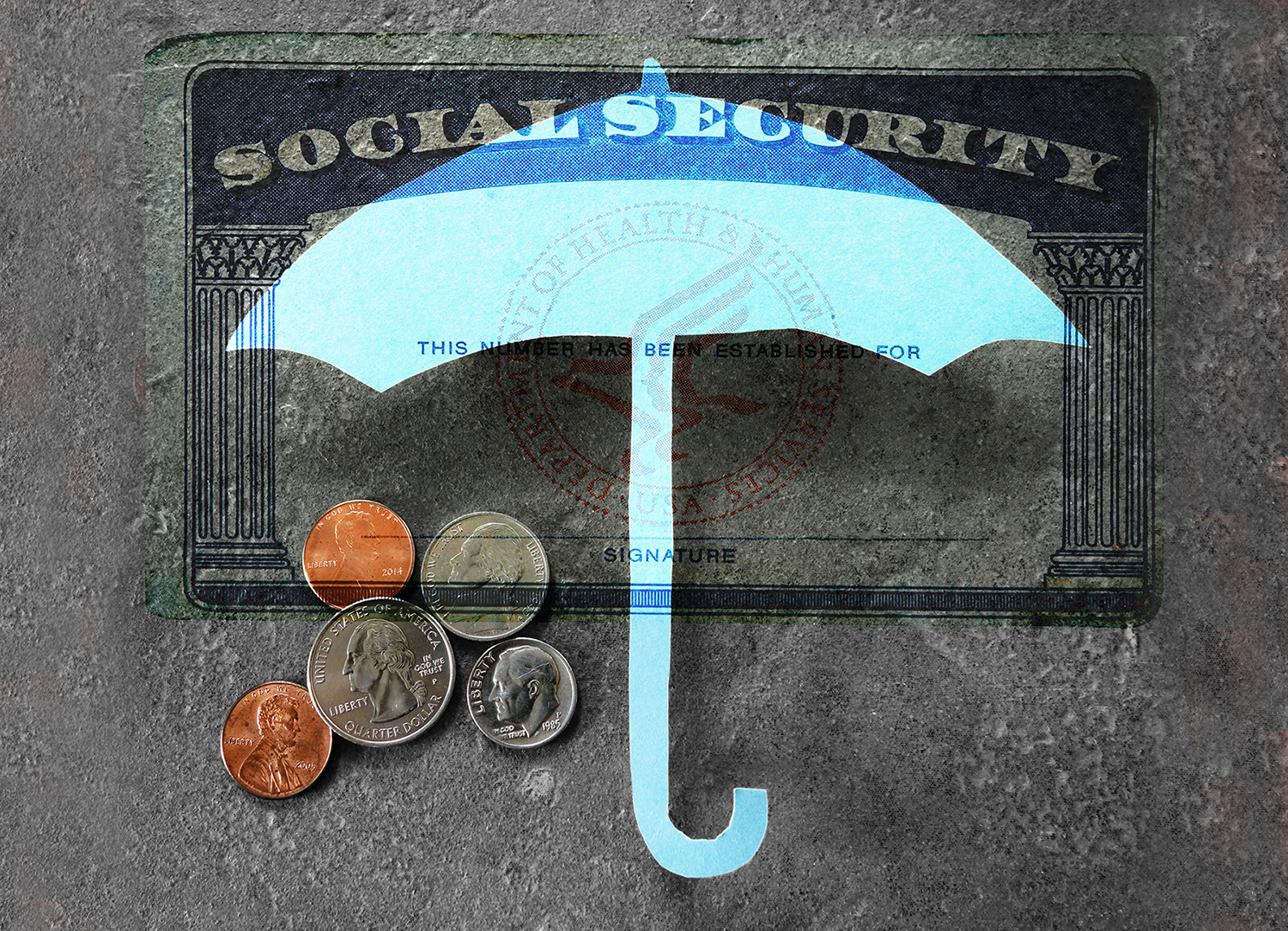 Blue umbrella over Social Security card and coins