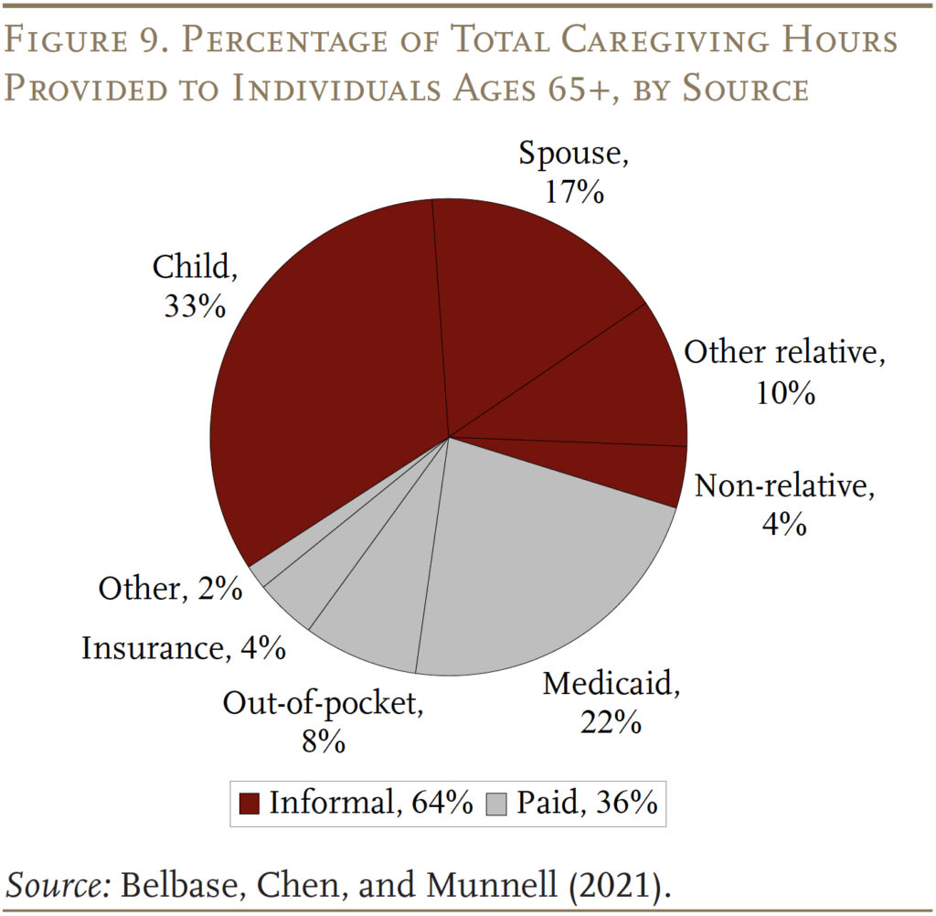 Pie chart showing the Percentage of Total Caregiving Hours Provided to Individuals Ages 65+, by Source