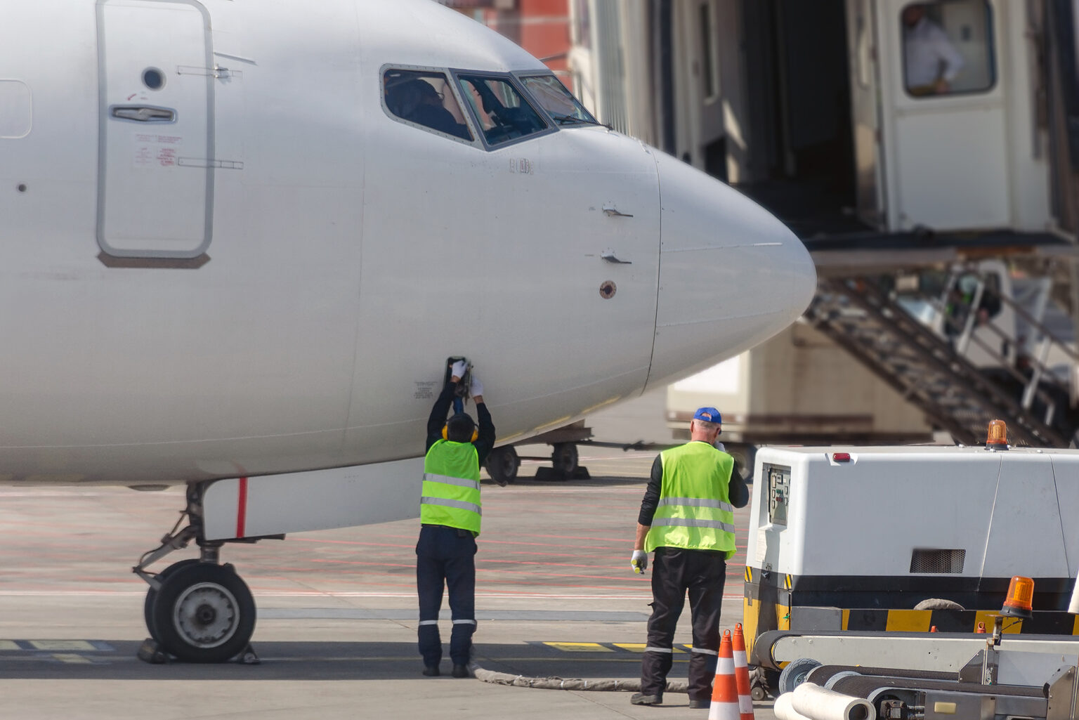 Two ground maintenance workers working on the nose of an airplane