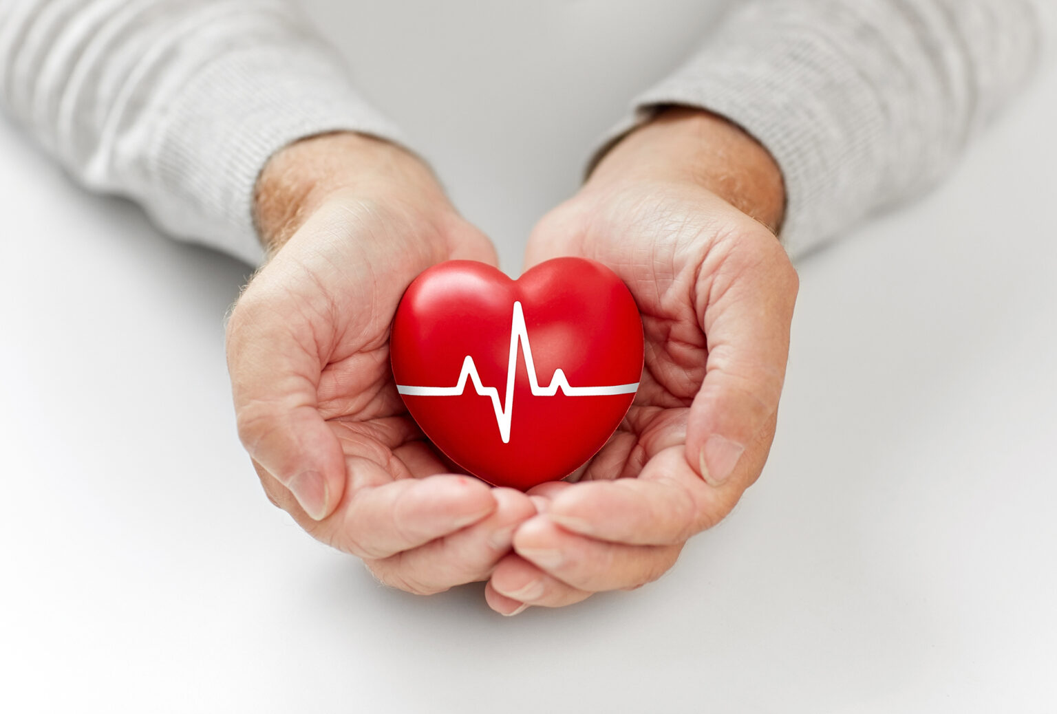 close up of senior man holding red heart with ecg line in hands