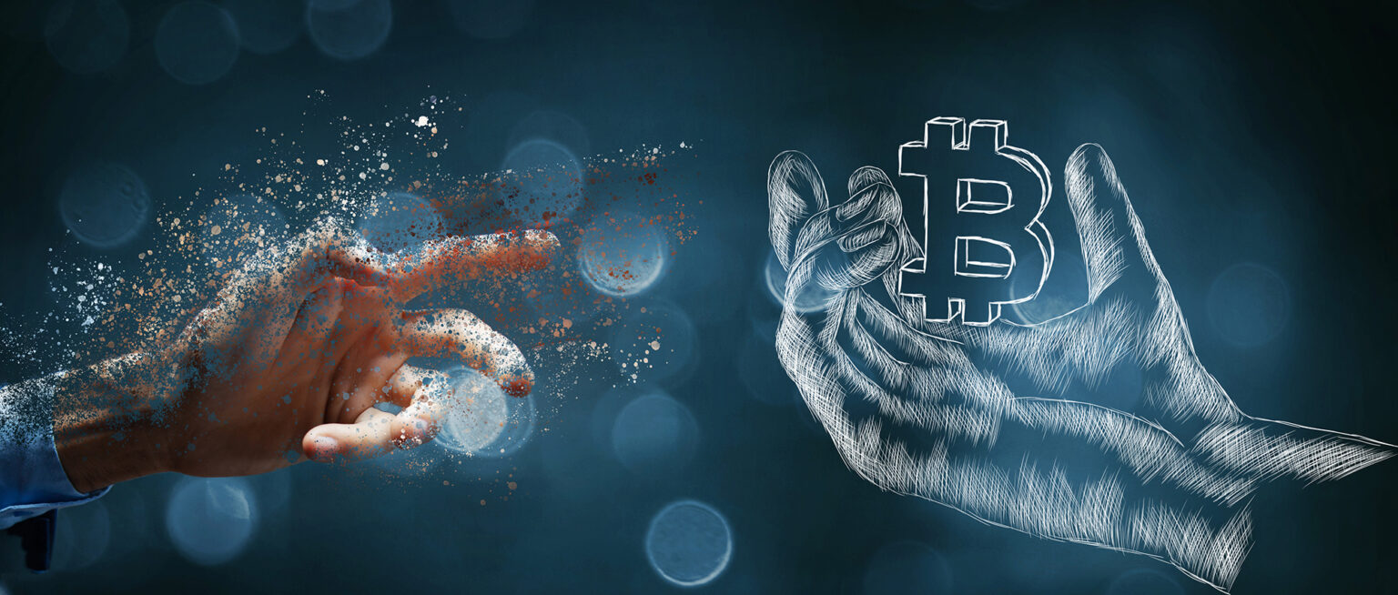 A disappearing hand is reaching for an illustrated hand holding a bitcoin symbol