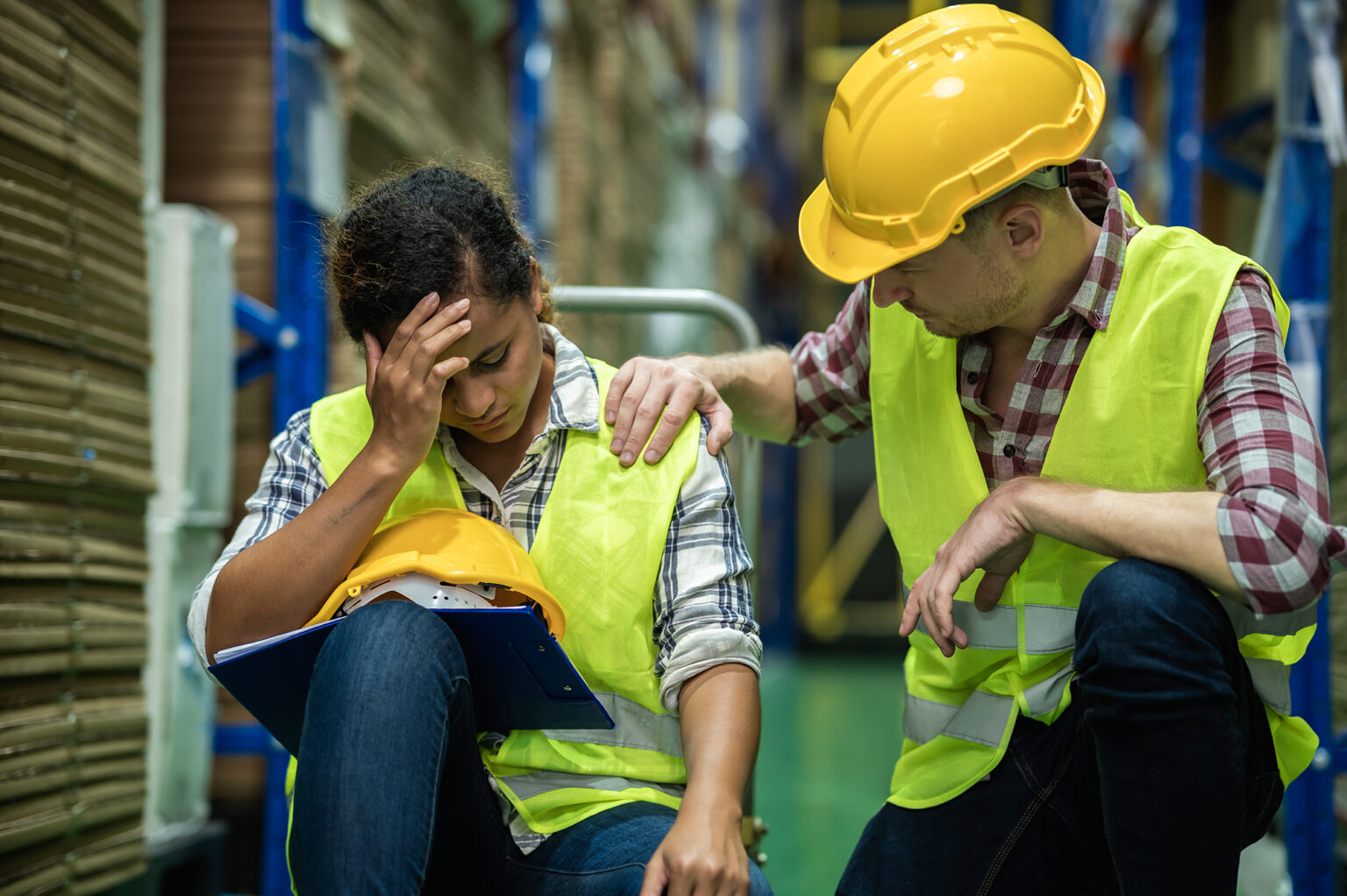 Young African female warehouse worker staff feeling sad and stress while Caucasian man consoling and encouraging due to been fired from job
