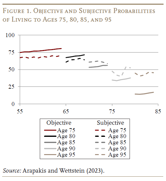 Figure 1. Objective and Subjective Probabilities of Living to Ages 75, 80, 85, and 95