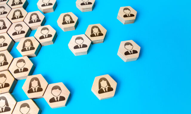 Hexagonal figures of business people. Hiring new employees and recruiting staff. Find candidate for an open role job. Society and social groups. Public relations. Human resources. Personnel management