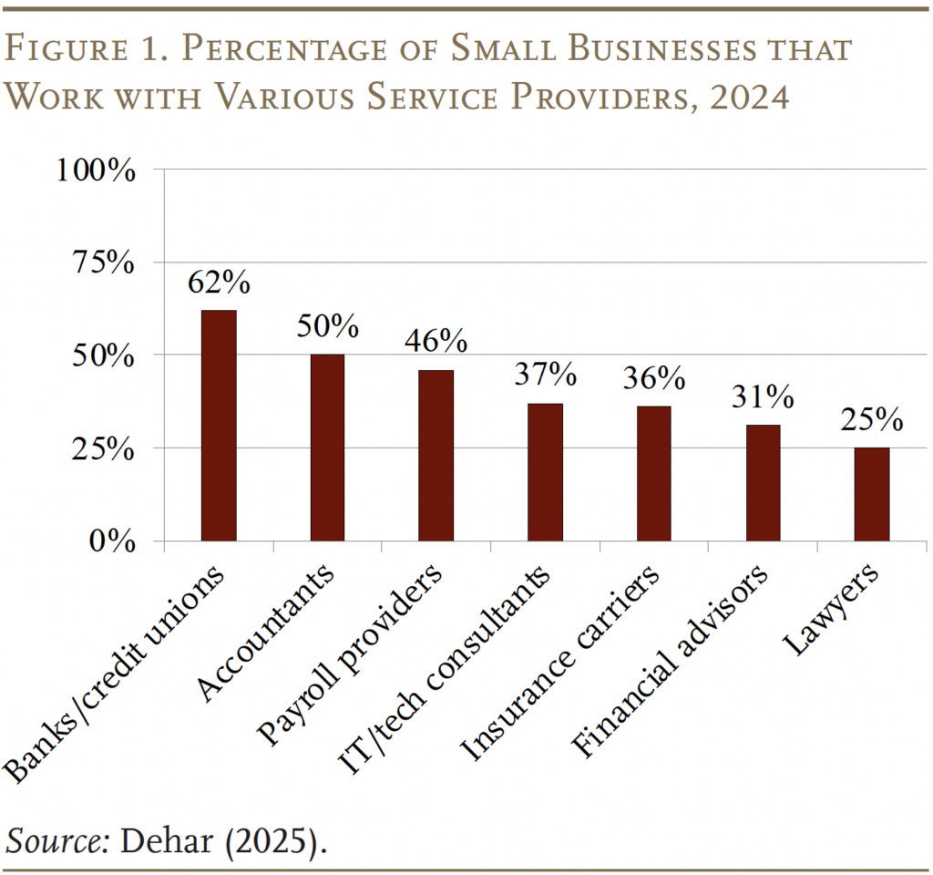 Bar graph showing the  Percentage of Small Businesses that Work with Various Service Providers, 2024