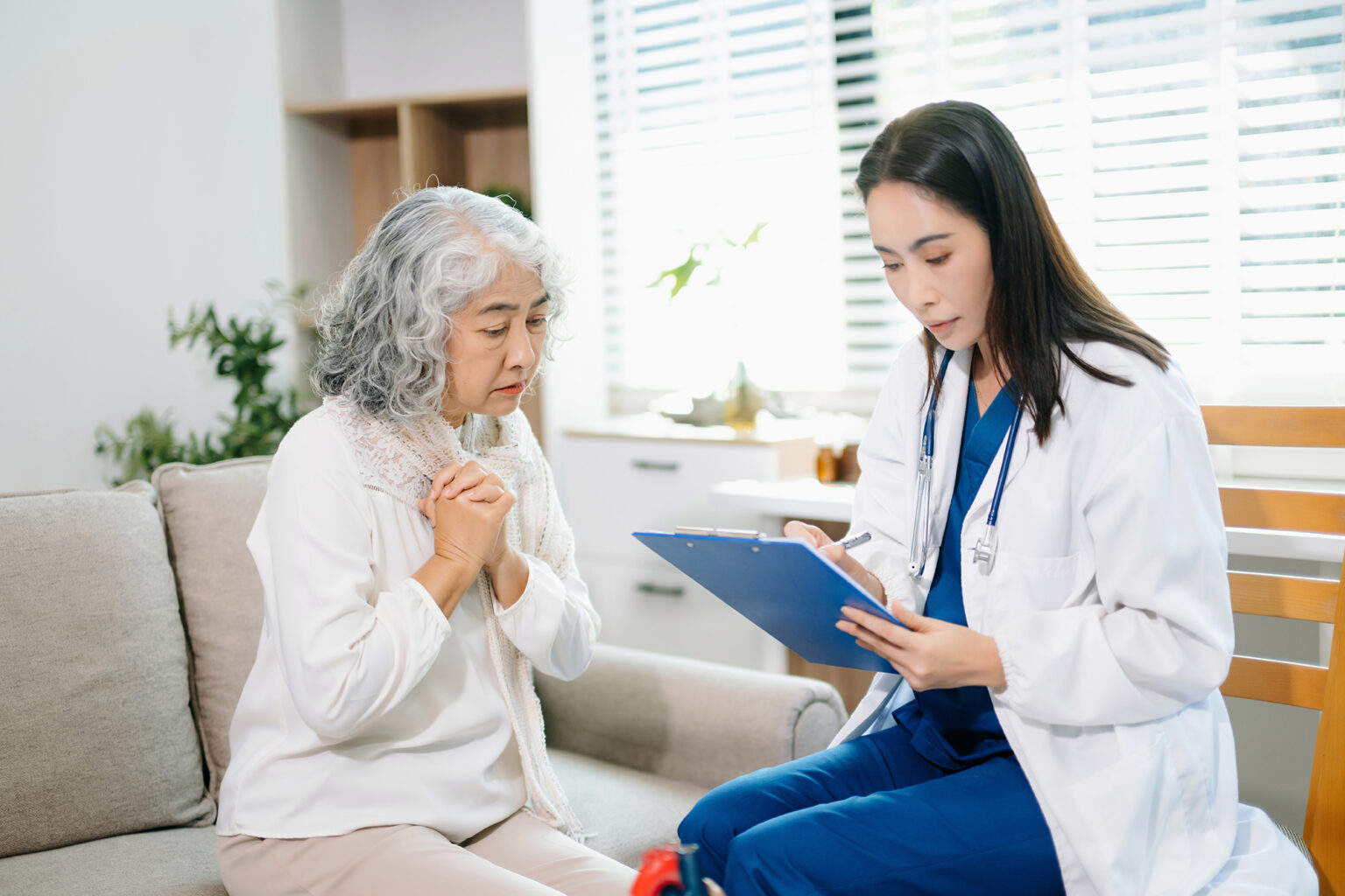 Female doctor explaining heart health with anatomy model to senior woman